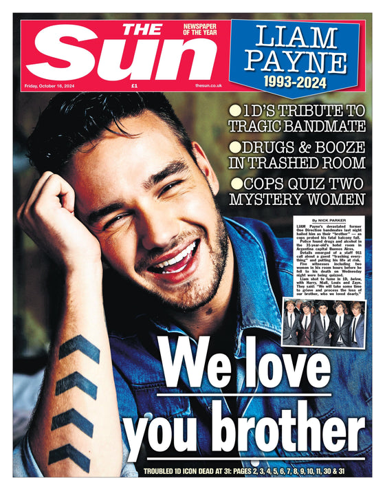 LIAM PAYNE One Direction Death - The Sun UK NEWSPAPER (18 Oct 2024)