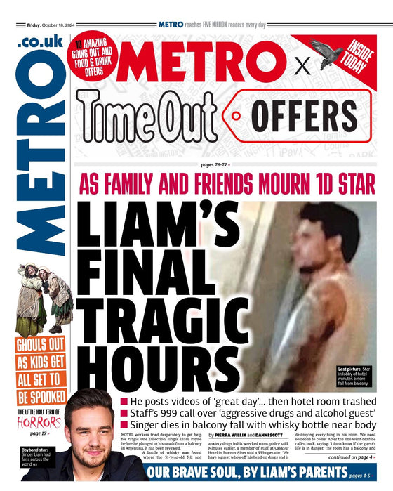 LIAM PAYNE One Direction Death - The Metro UK NEWSPAPER (18 Oct 2024)