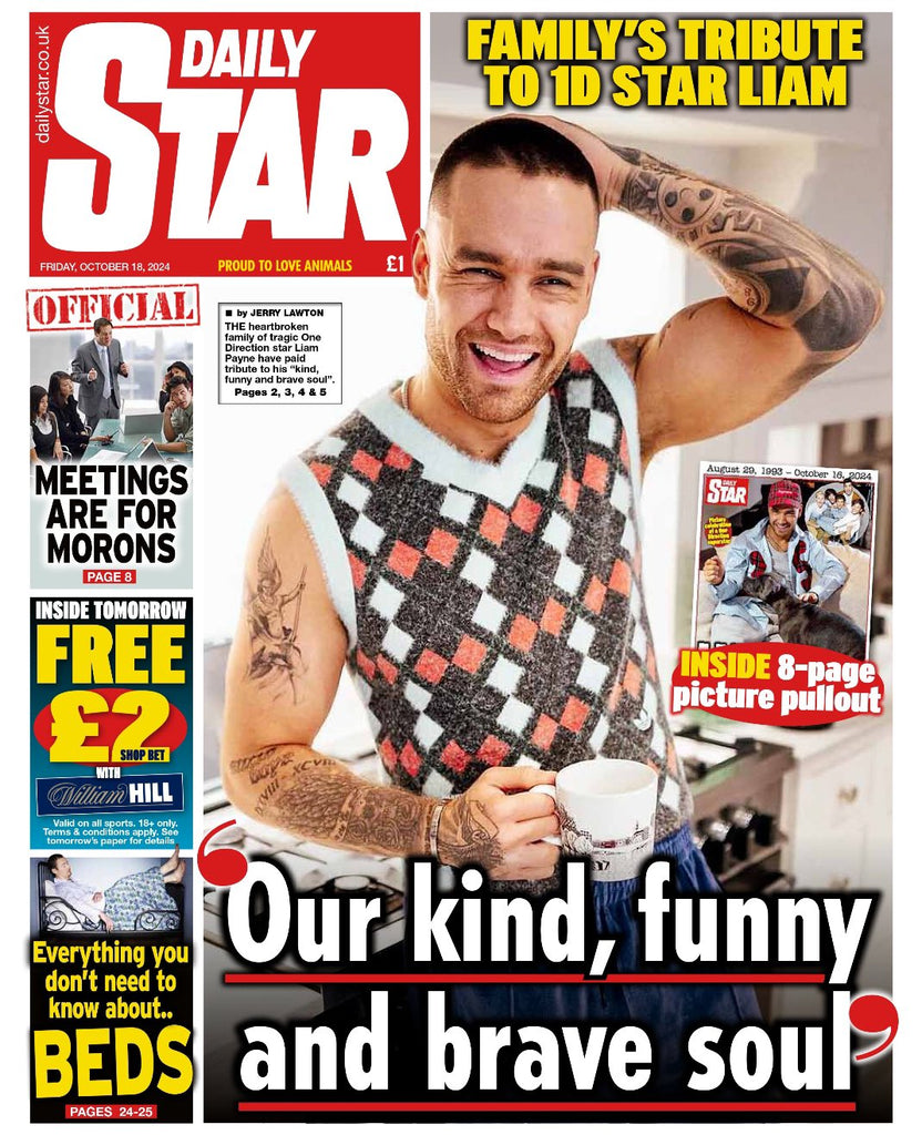 LIAM PAYNE One Direction Death - The Daily Star UK NEWSPAPER (18 Oct 2024)