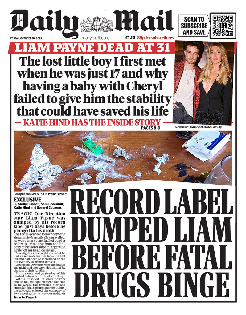 LIAM PAYNE One Direction Death - Daily Mail UK NEWSPAPER (18 Oct 2024)