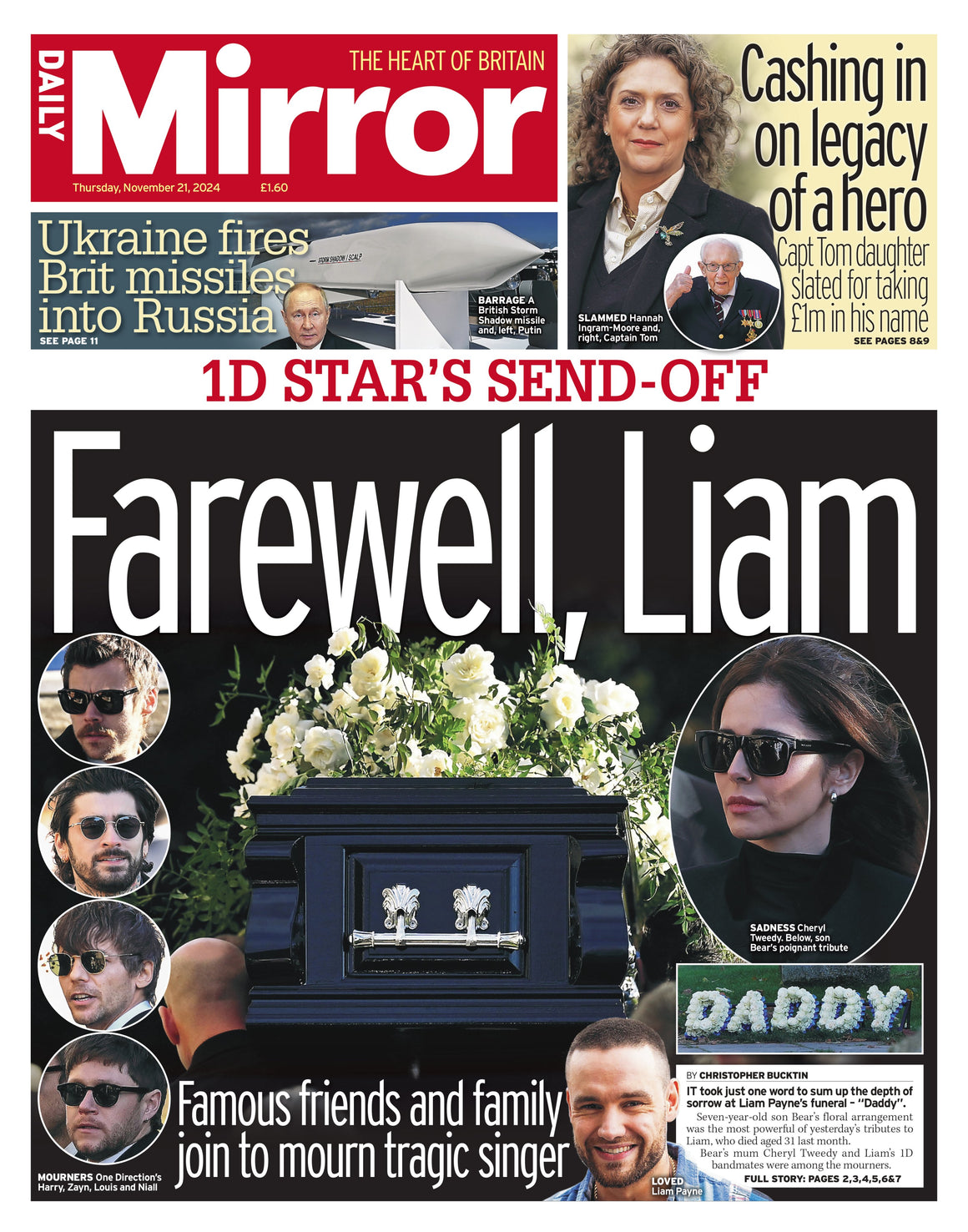 LIAM PAYNE Funeral - Daily Mirror UK NEWSPAPER (21st Nov 2024)