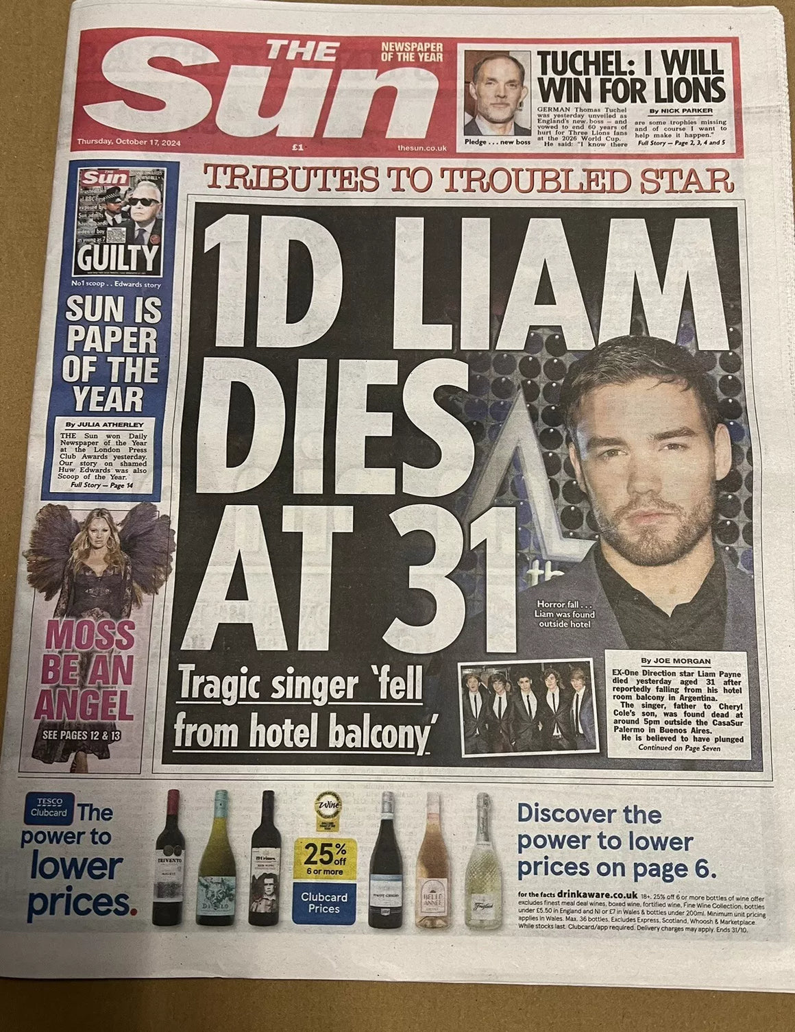 LIAM PAYNE One Direction Death - The Sun UK NEWSPAPER (17 Oct 2024)