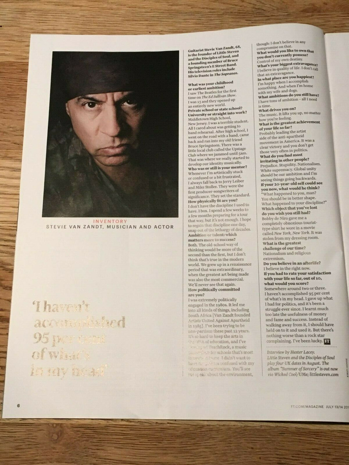 FT WEEKEND magazine July 2019: STEVIE VAN ZANDT interview E STREET BAND