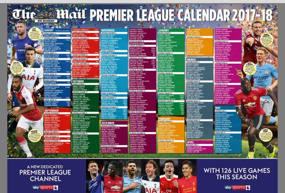 Mail on Sunday Premier Football League 2017/18 Wall Chart Calendar NEW