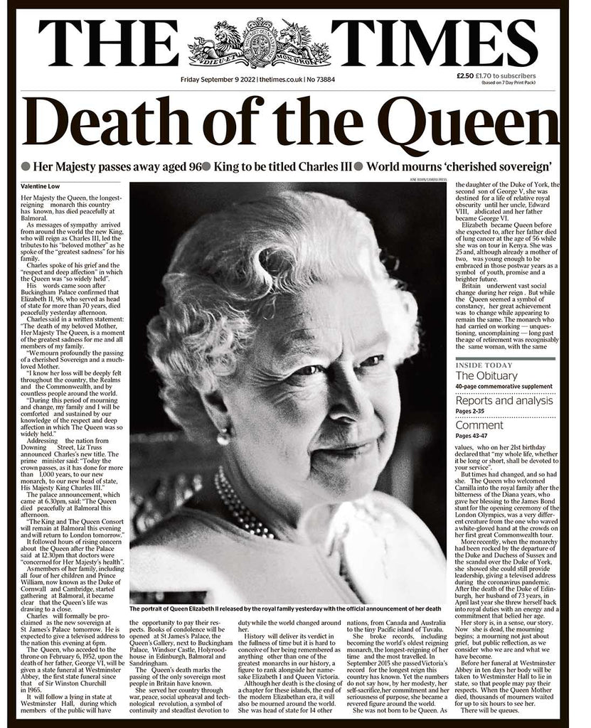 The Times Newspaper - 9th September 2022 - Queen Elizabeth II 1926-2022 Tribute