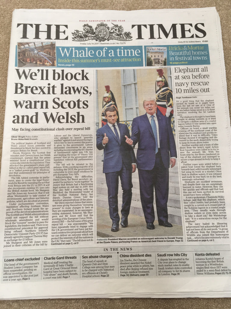 THE TIMES - UK NEWSPAPER - President Obama DONALD TRUMP July 14 2017