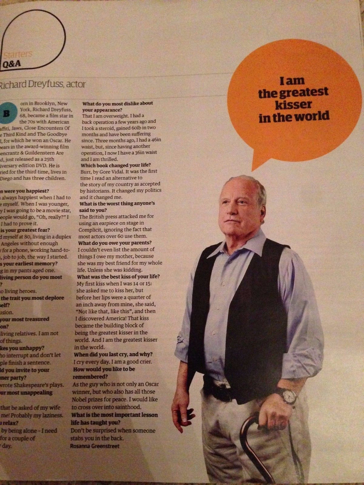 Jaws RICHARD DREYFUSS PHOTO INTERVIEW Guardian Magazine February 2016