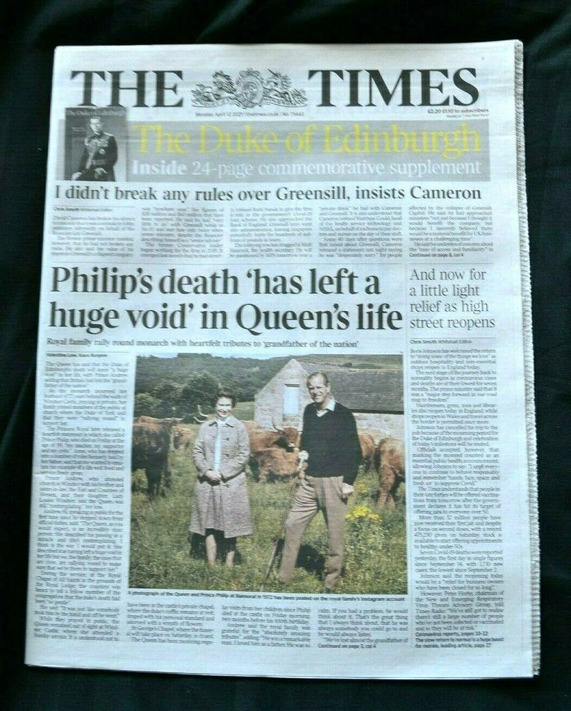 The UK Times Newspaper 12/04/21 April 12th 2021 Prince Philip Death Tribute